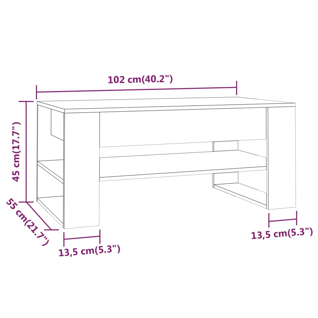 vidaXL kafijas galdiņš, 102x55x45 cm, balta, ozolkoka krāsa