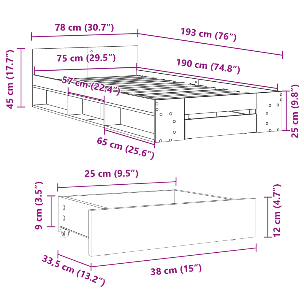 vidaXL gultas rāmis ar atvilktni, betona pelēks, 75x190 cm