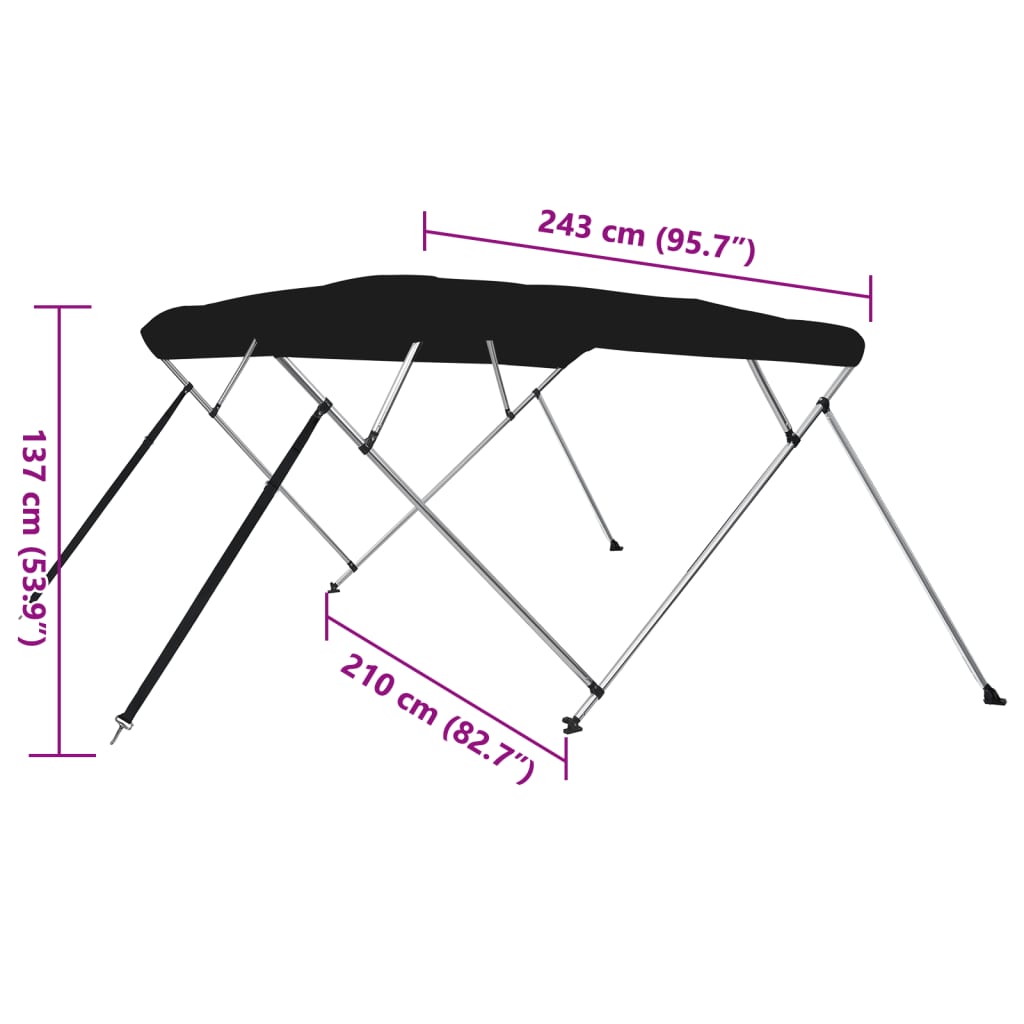 vidaXL četrloku motorlaivas jumts, melna, 243x210x137 cm