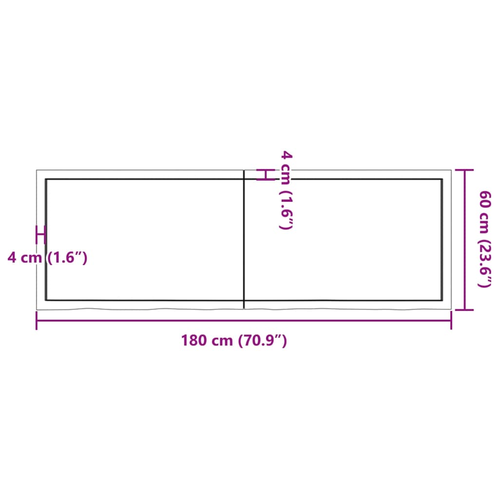 vidaXL galda virsma, 180x60x(2-4) cm, neapstrādāts ozola masīvkoks