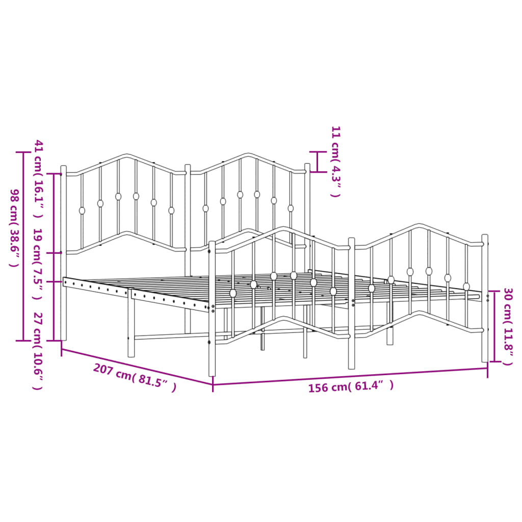 vidaXL gultas rāmis ar galvgali un kājgali, balts metāls, 150x200 cm