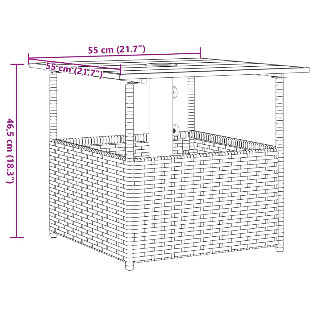 vidaXL dārza galds, 55x55x46,5 cm, melns, PE rotangpalma