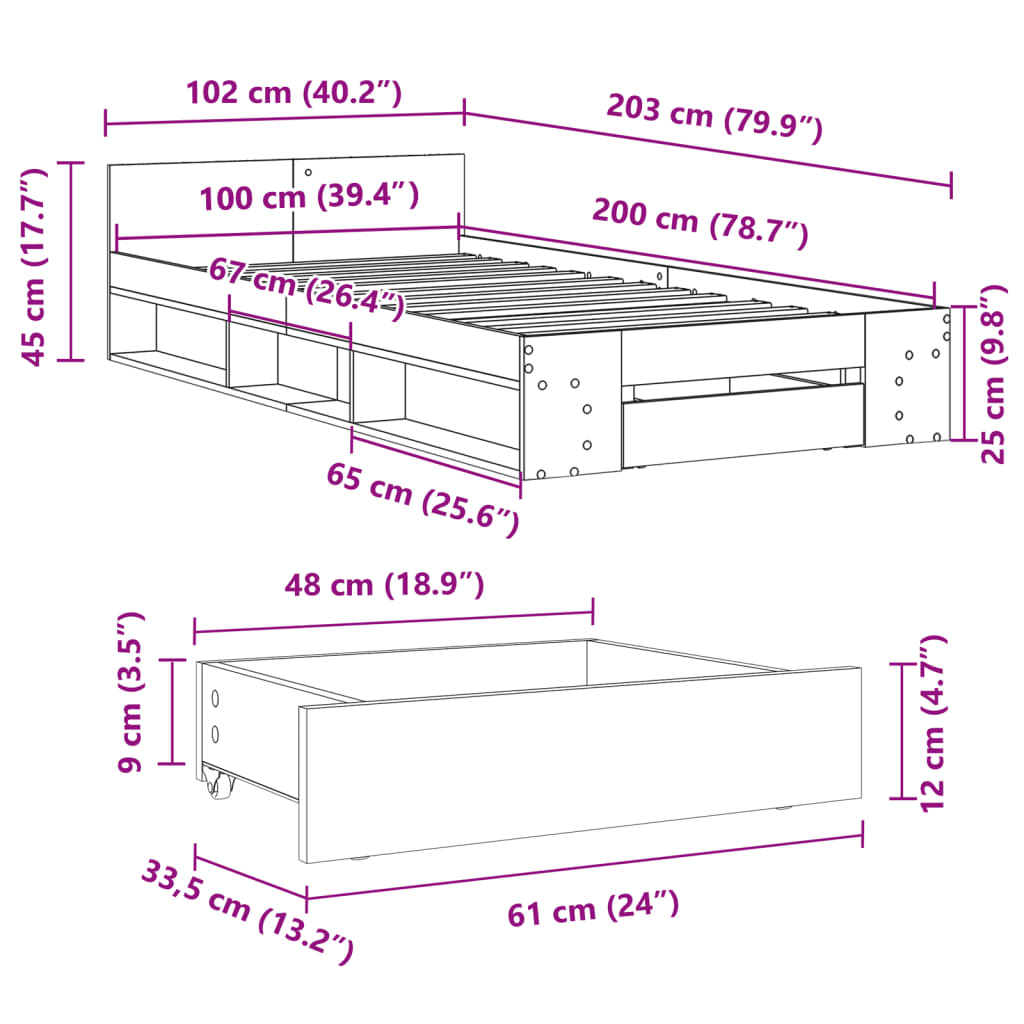 vidaXL gultas rāmis ar atvilktni, pelēka ozola, 100x200 cm