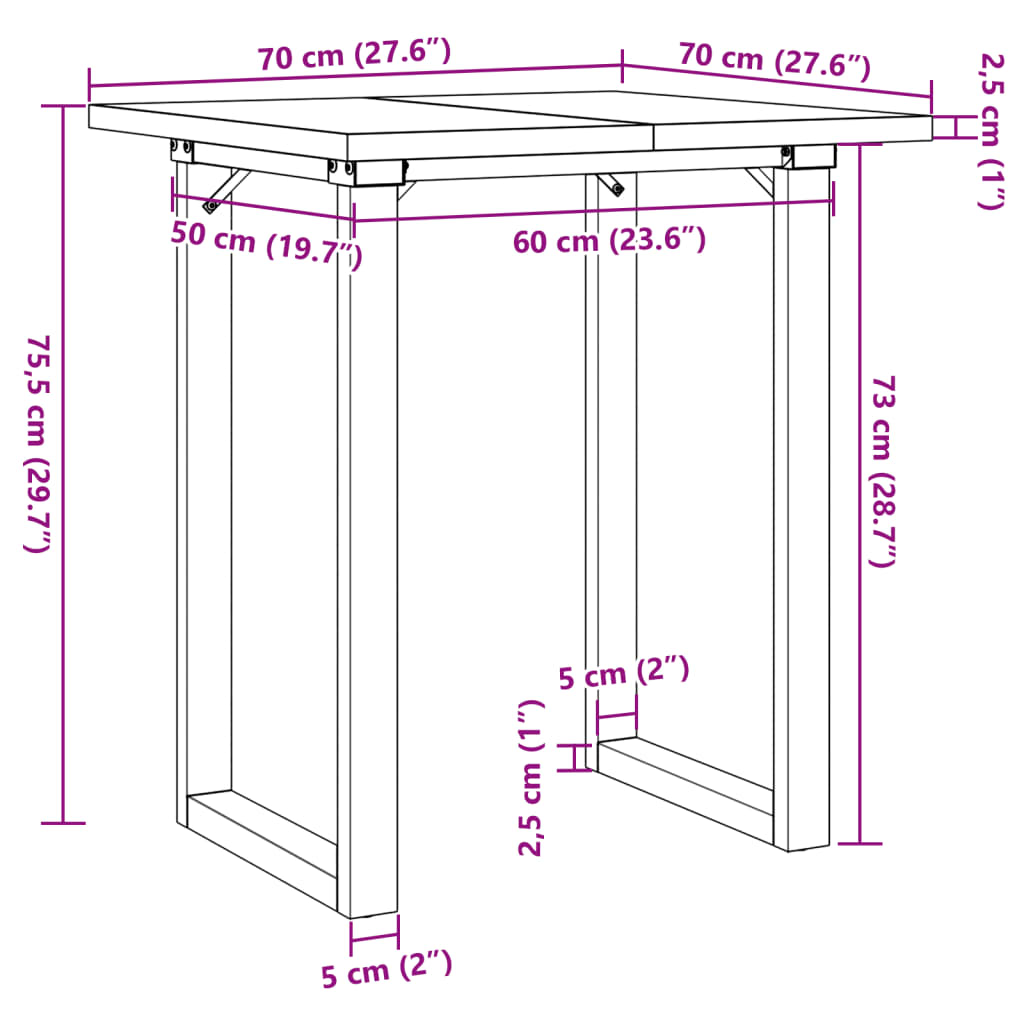 vidaXL virtuves galds, O-rāmis, 70x70x75,5 cm, priedes koks, čuguns