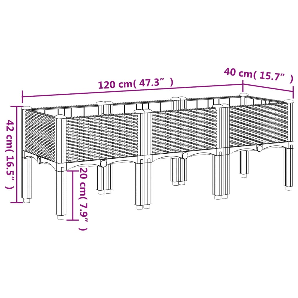 vidaXL dārza puķu kaste ar kājām, brūna, 120x40x42 cm, PP