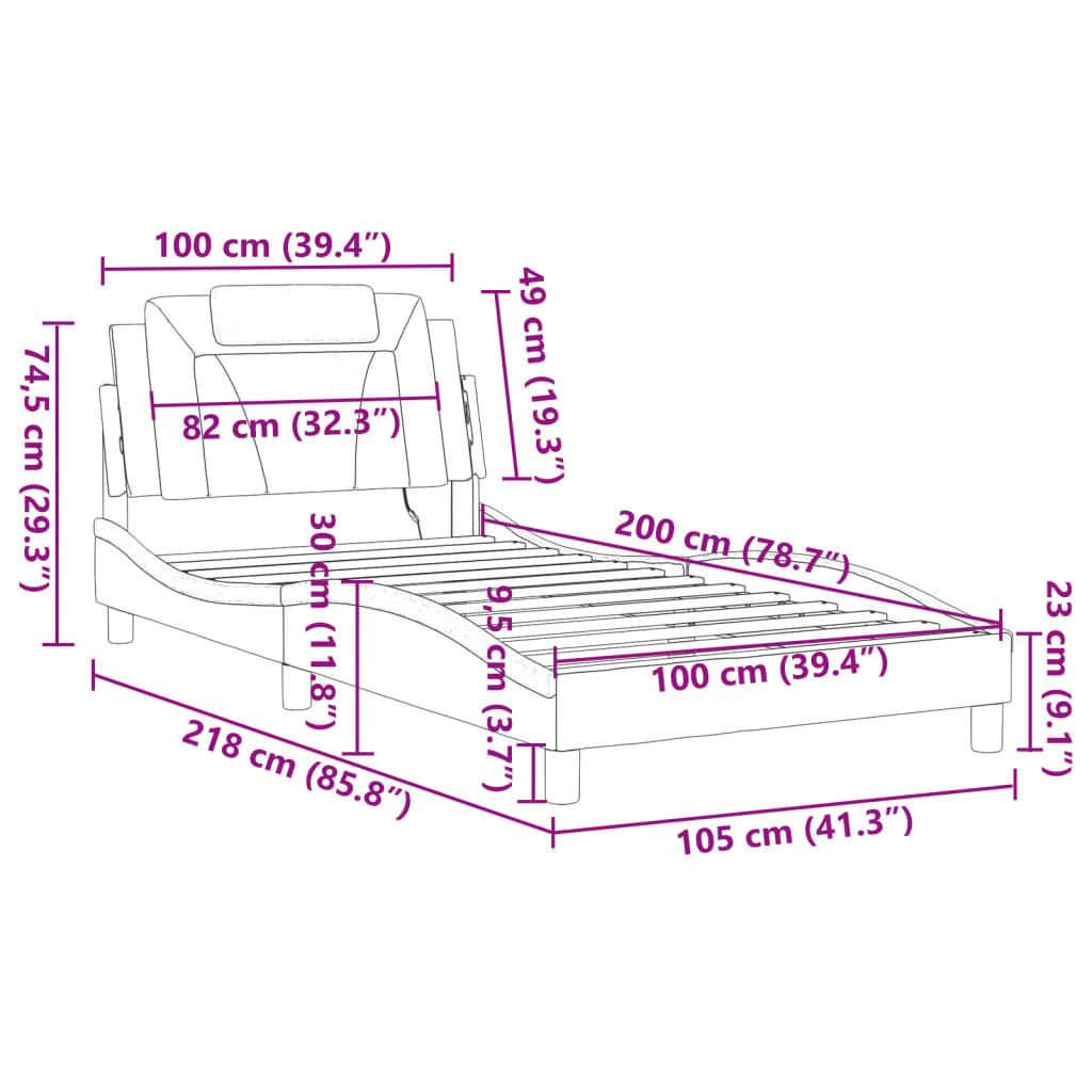 vidaXL gultas rāmis ar LED, melns un balts, 100x200 cm, mākslīgā āda