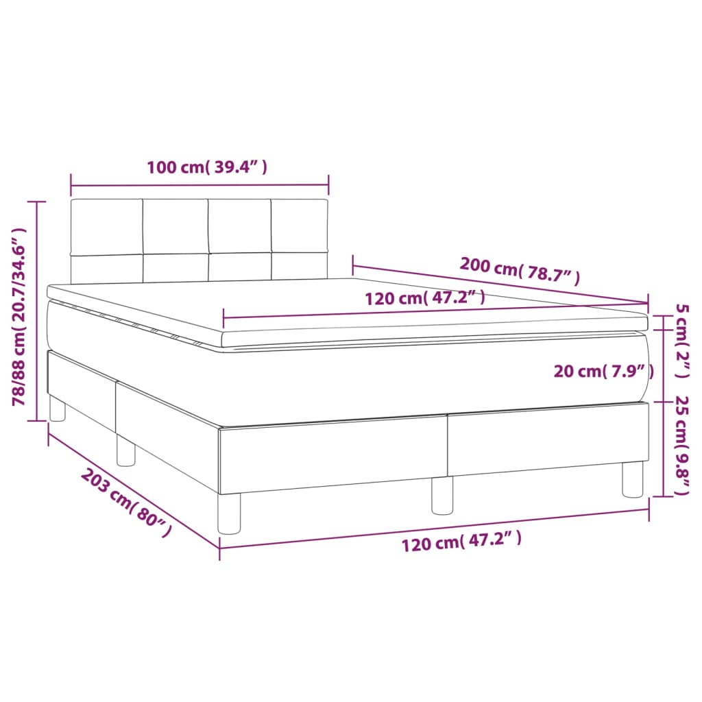 vidaXL atsperu gulta ar matraci, LED, zils audums, 120x200 cm