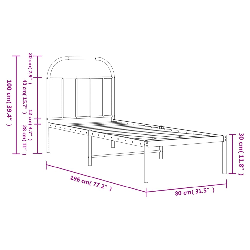 vidaXL gultas rāmis ar galvgali, melns metāls, 75x190 cm