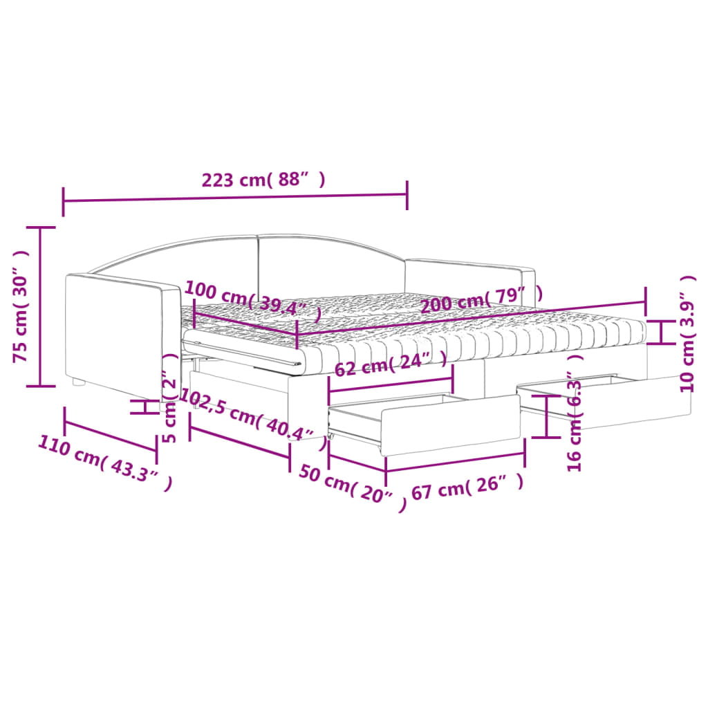 vidaXL izvelkams dīvāns ar atvilktnēm, krēmkrāsas audums, 100x200 cm