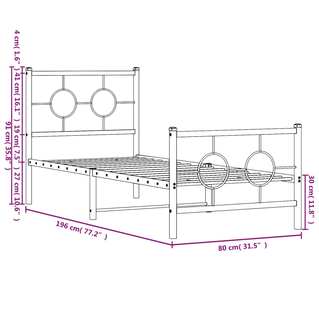 vidaXL gultas rāmis ar galvgali un kājgali, melns metāls, 75x190 cm