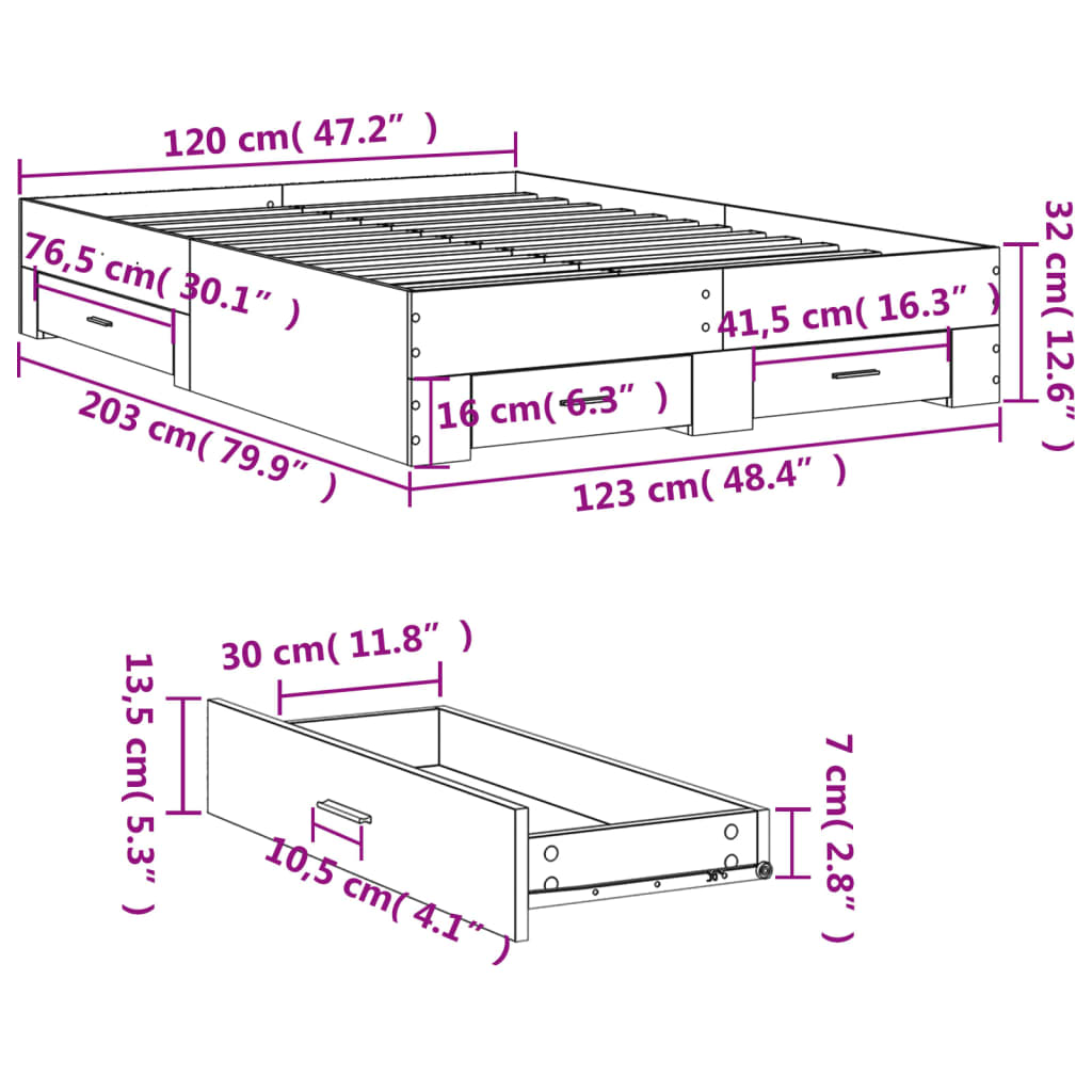 vidaXL gultas rāmis ar atvilktnēm, pelēka ozola, 120x200 cm