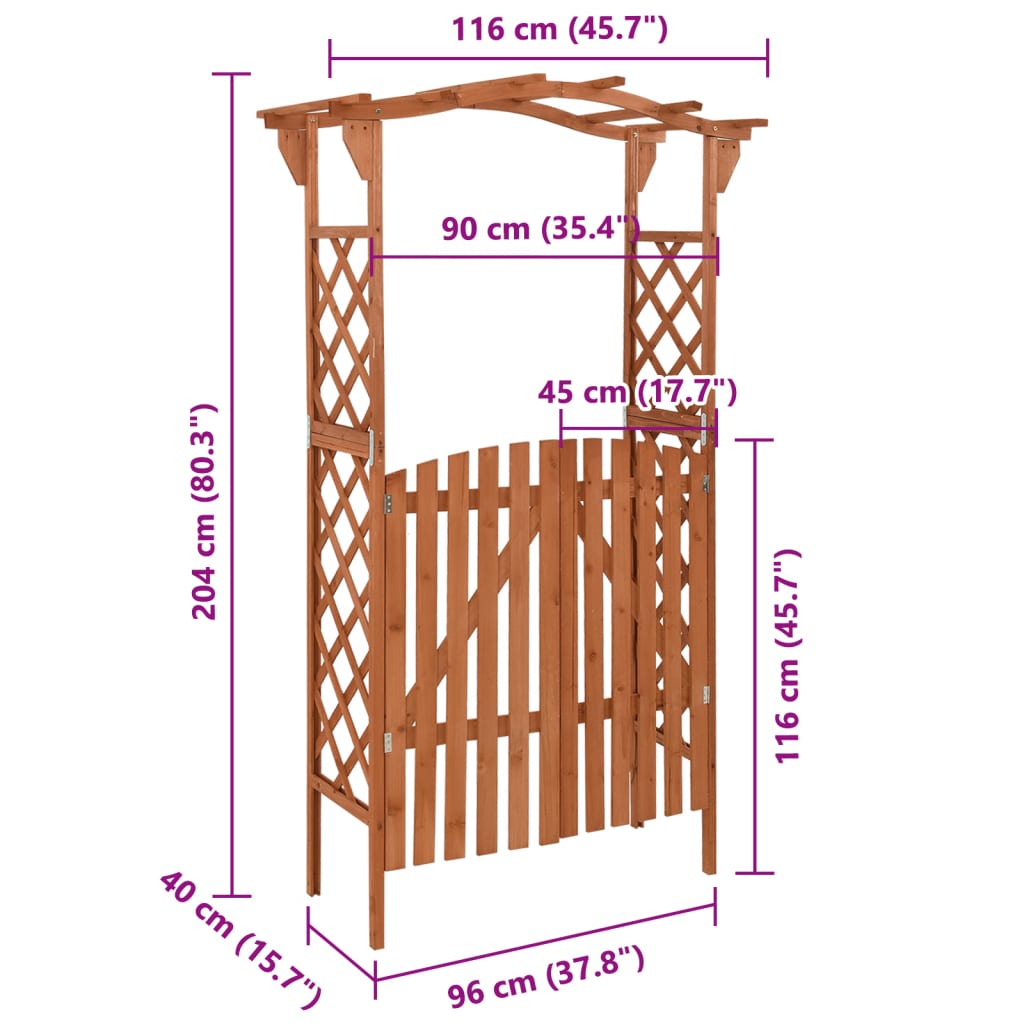 vidaXL pergola ar vārtiem, 116x40x204 cm, egles masīvkoks