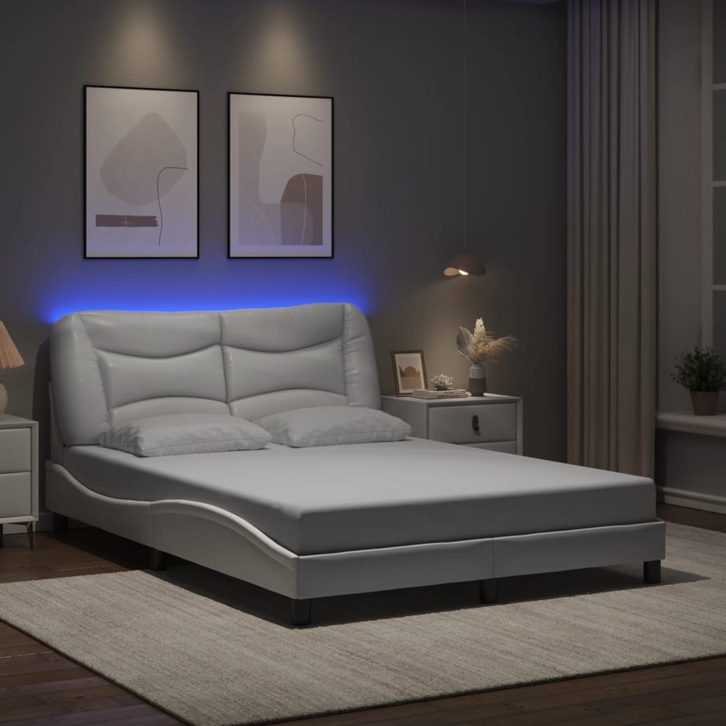 vidaXL gultas rāmis ar LED, balts, 140x190 cm, mākslīgā āda