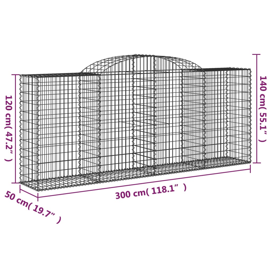 vidaXL arkveida gabiona grozs, 300x50x120/140 cm, cinkota dzelzs