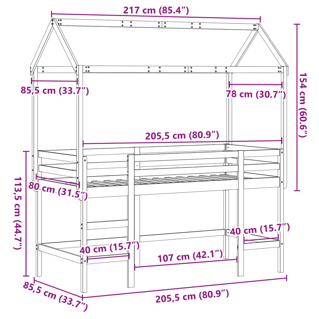 vidaXL augstā gulta ar jumtu, 80x200 cm, priedes masīvkoks