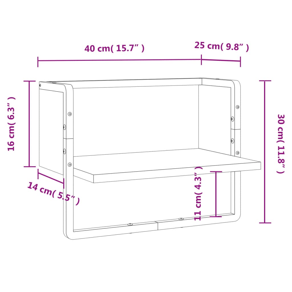 vidaXL sienas plaukts ar stieni, melns, 40x25x30 cm