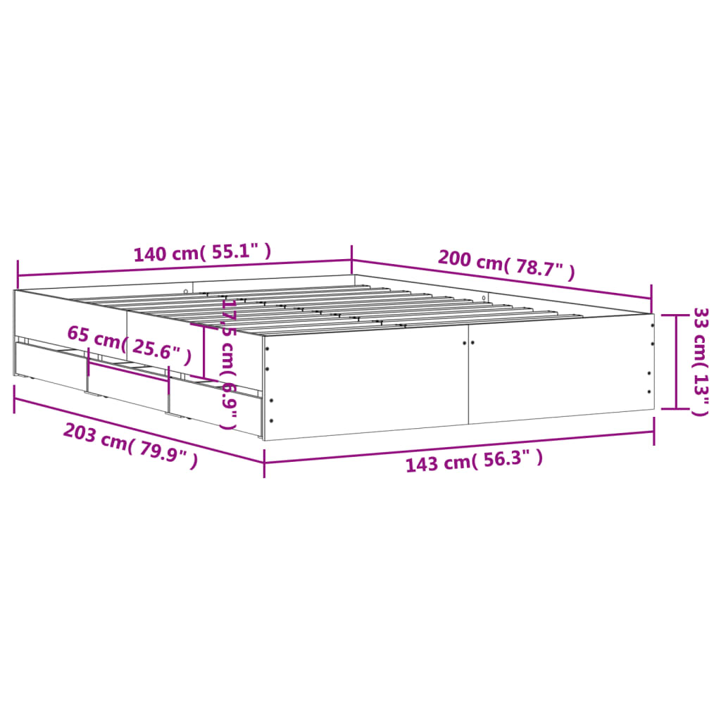 vidaXL gultas rāmis ar atvilktnēm, ozola, 140x200cm, inženierijas koks