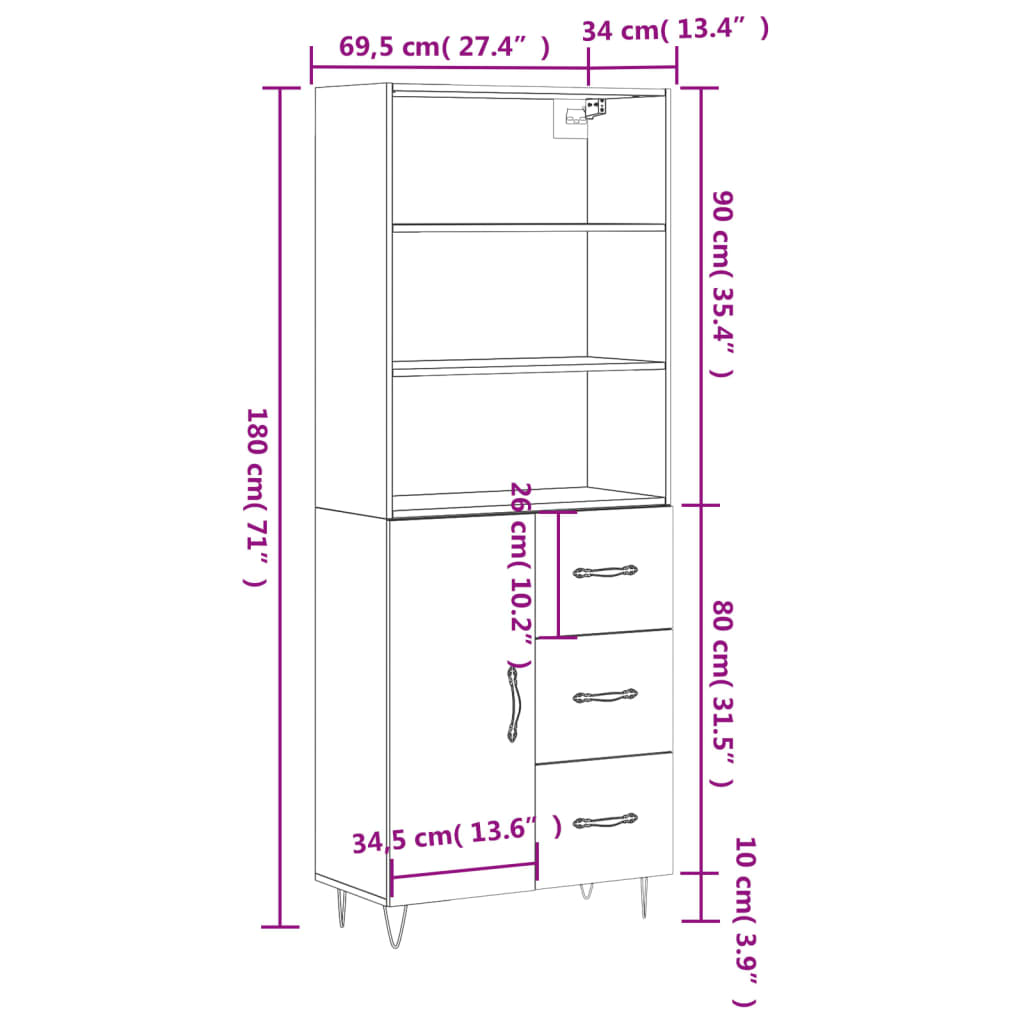 vidaXL augstais skapis, ozolkoka, 69,5x34x180 cm, inženierijas koks