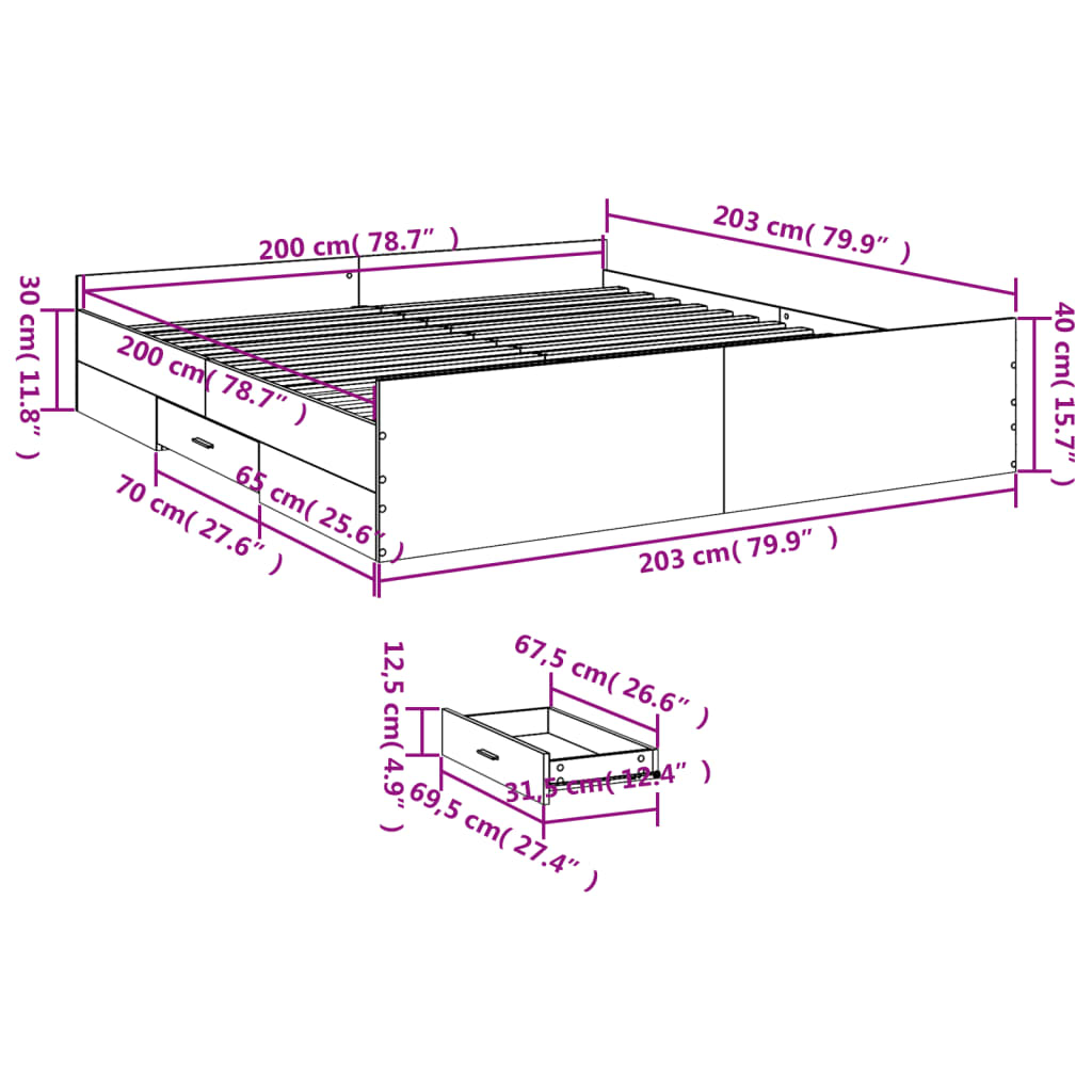 vidaXL gultas rāmis ar atvilktnēm, ozola, 200x200cm, inženierijas koks