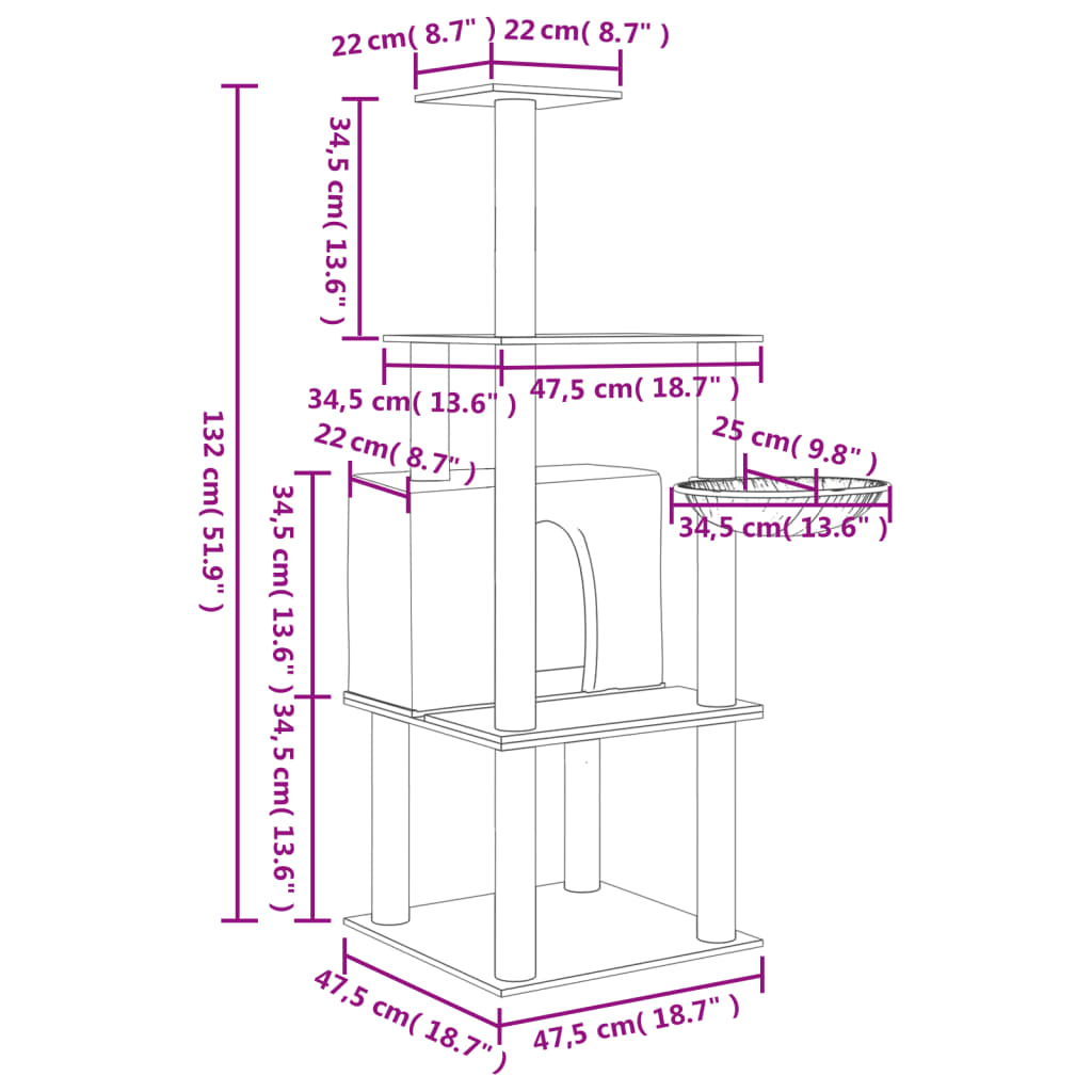 vidaXL kaķu māja ar sizala stabiem nagu asināšanai, 132 cm, pelēka