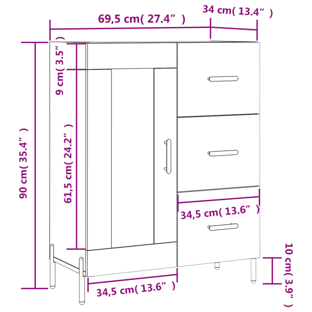 vidaXL kumode, melna, 69,5x34x90 cm, inženierijas koks