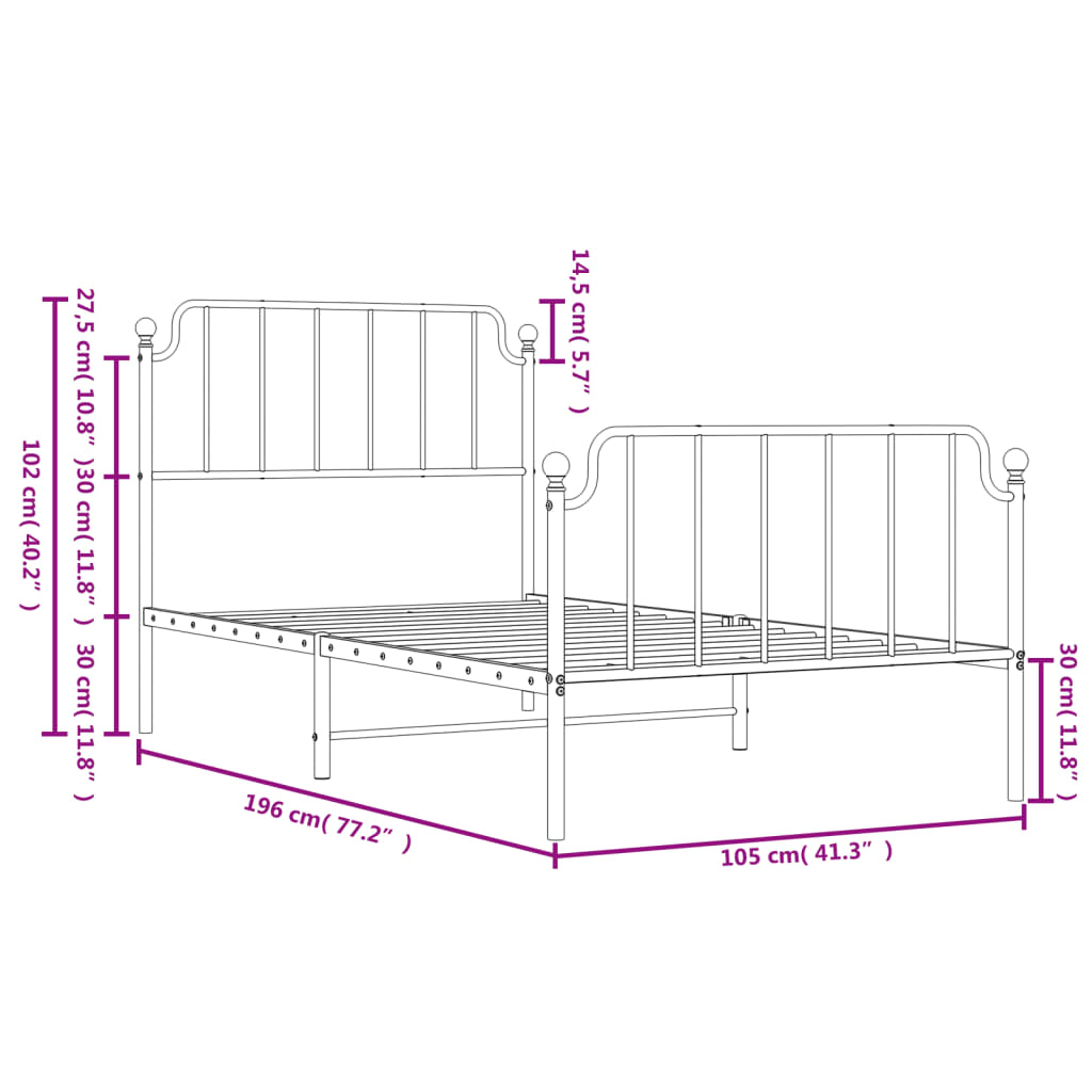 vidaXL gultas rāmis ar galvgali un kājgali, melns metāls, 100x190 cm