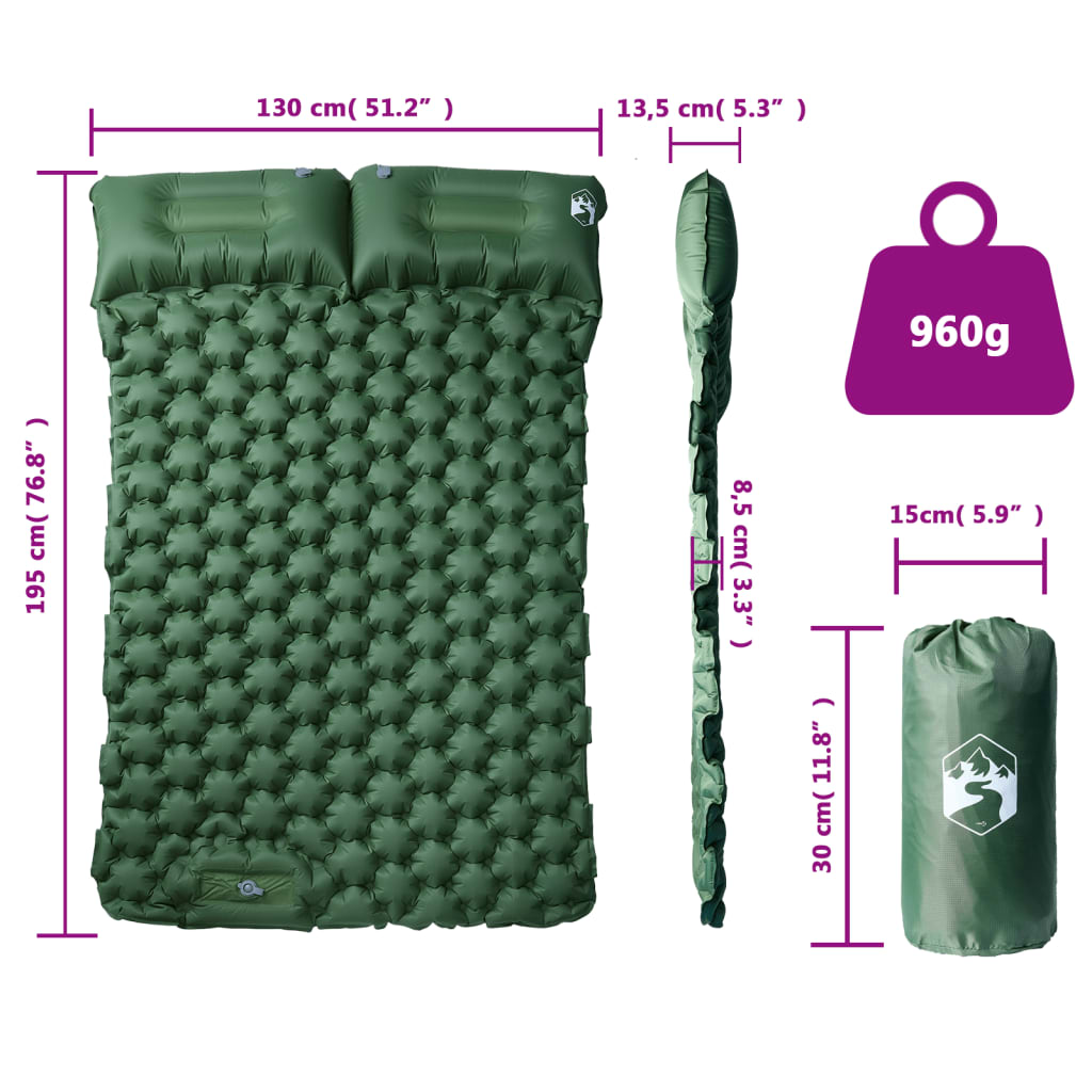 vidaXL pašpiepūšams kempinga matracis, spilveni, divvietīgs, zaļš