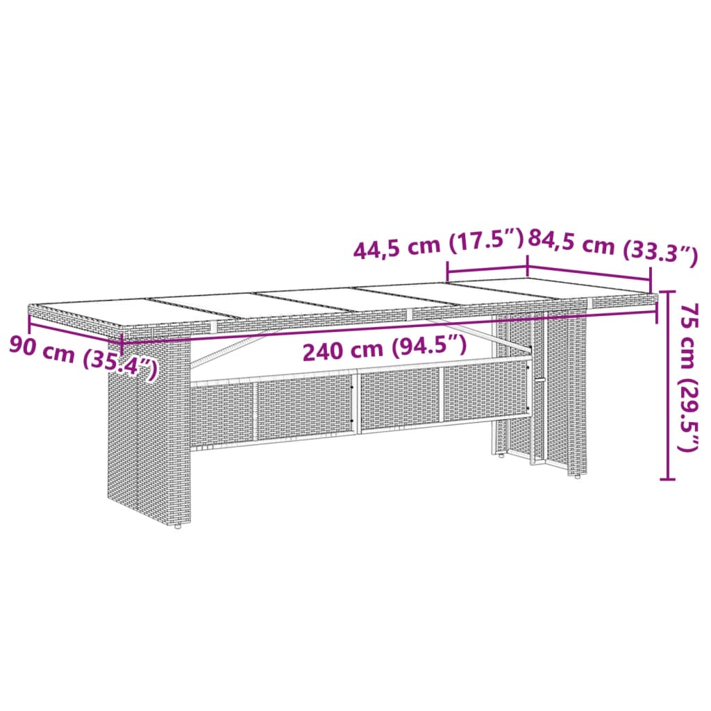 vidaXL dārza galds ar stikla virsmu, 240x90x75cm, melna PE rotangpalma