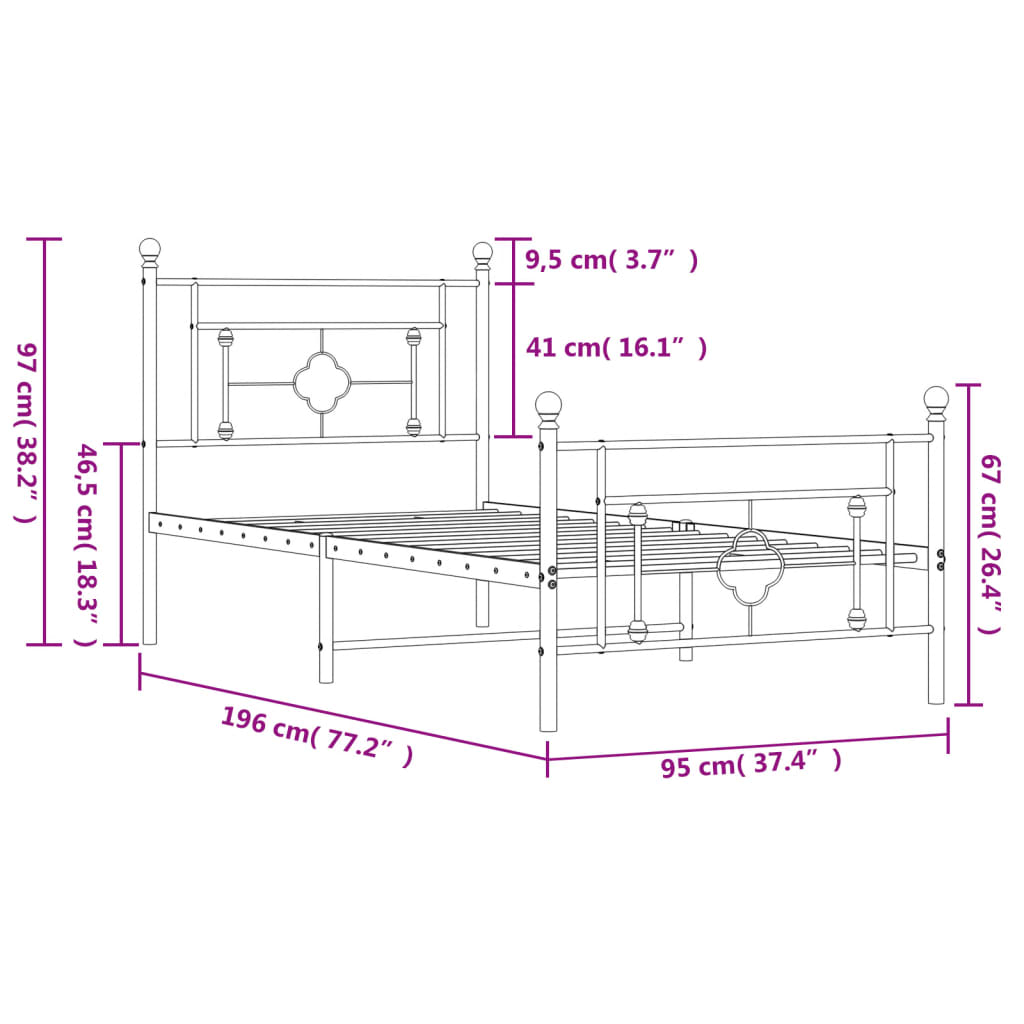 vidaXL gultas rāmis ar galvgali un kājgali, melns metāls, 90x190 cm