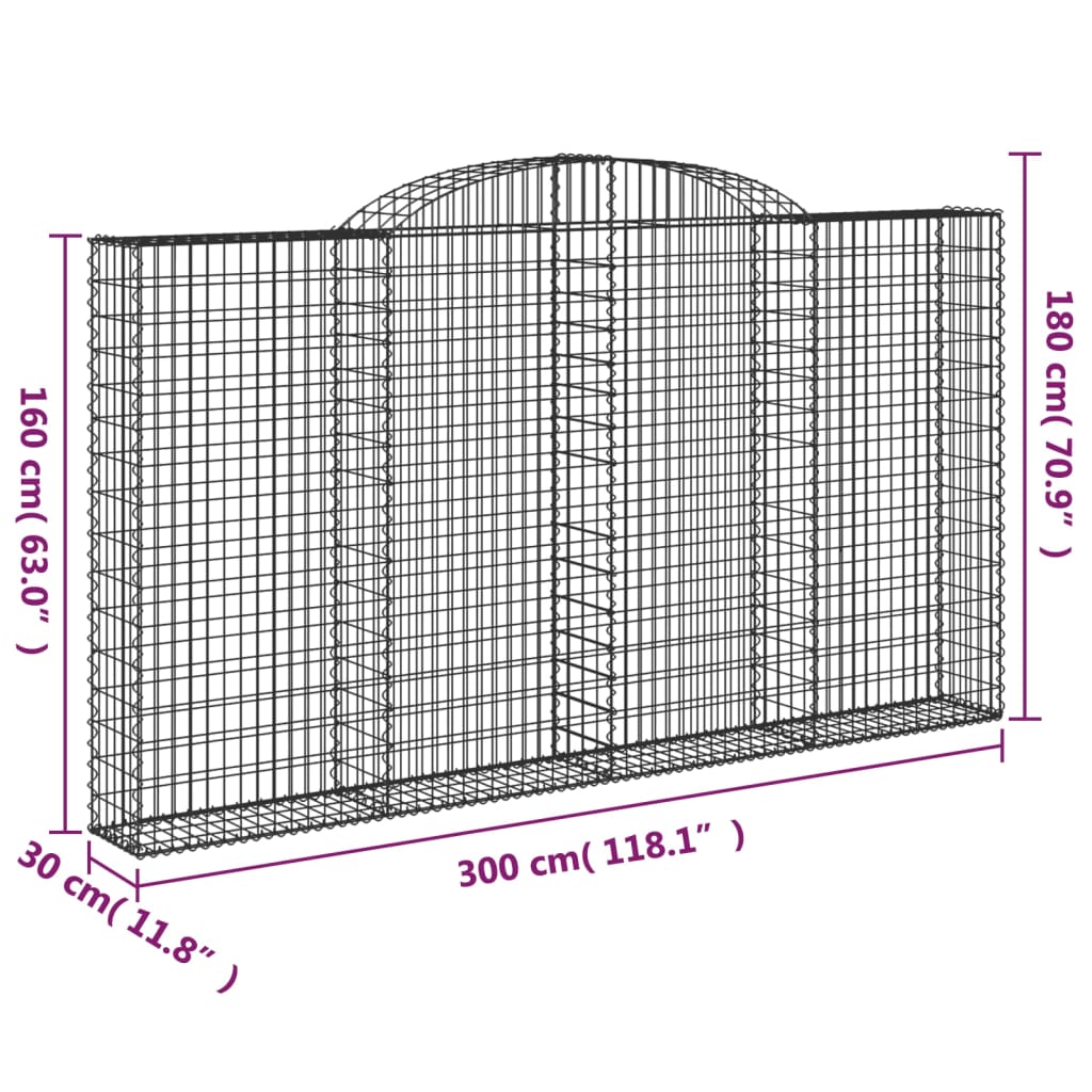 vidaXL arkveida gabiona grozi, 2 gb., 300x30x160/180cm, cinkota dzelzs