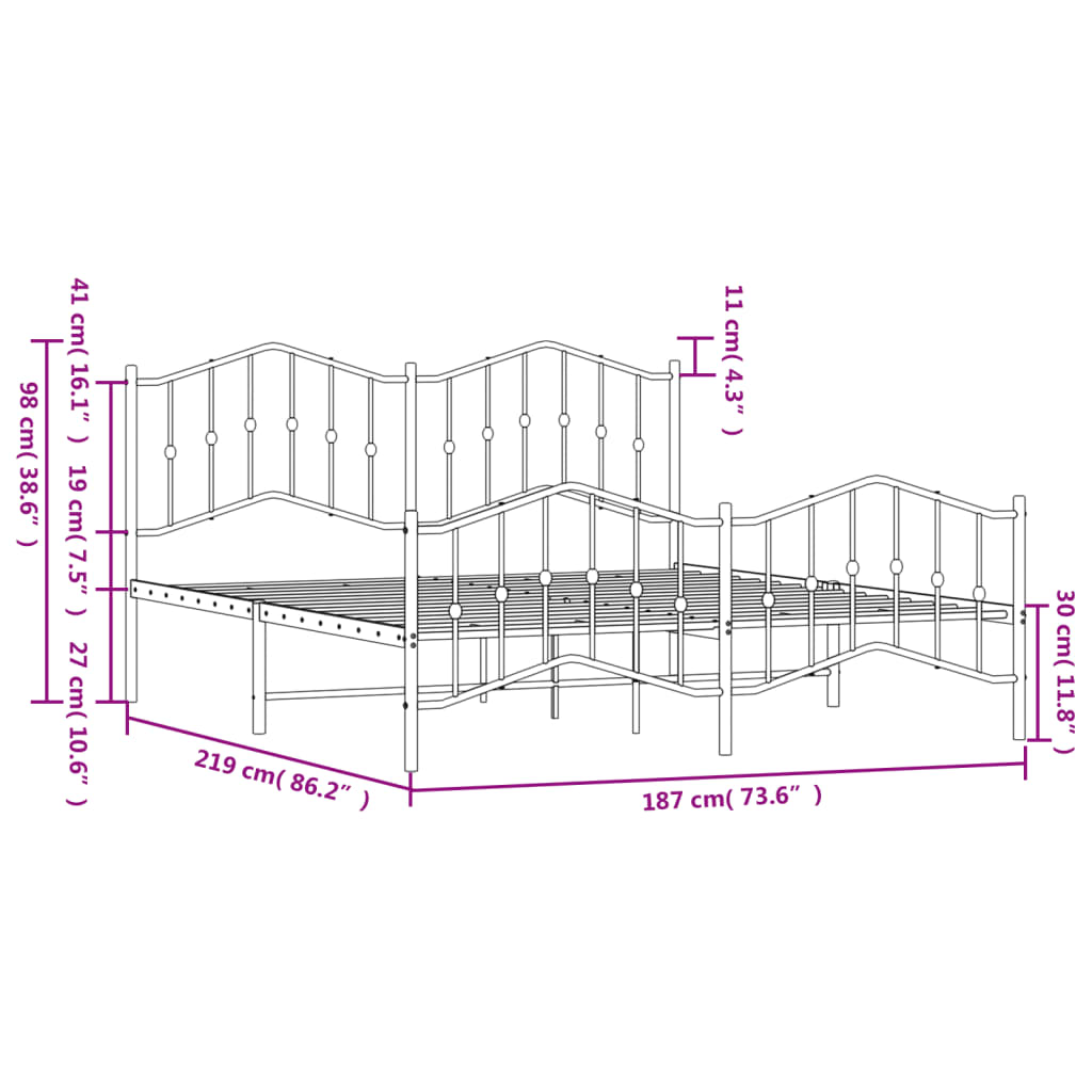 vidaXL gultas rāmis ar galvgali un kājgali, melns metāls, 183x213 cm