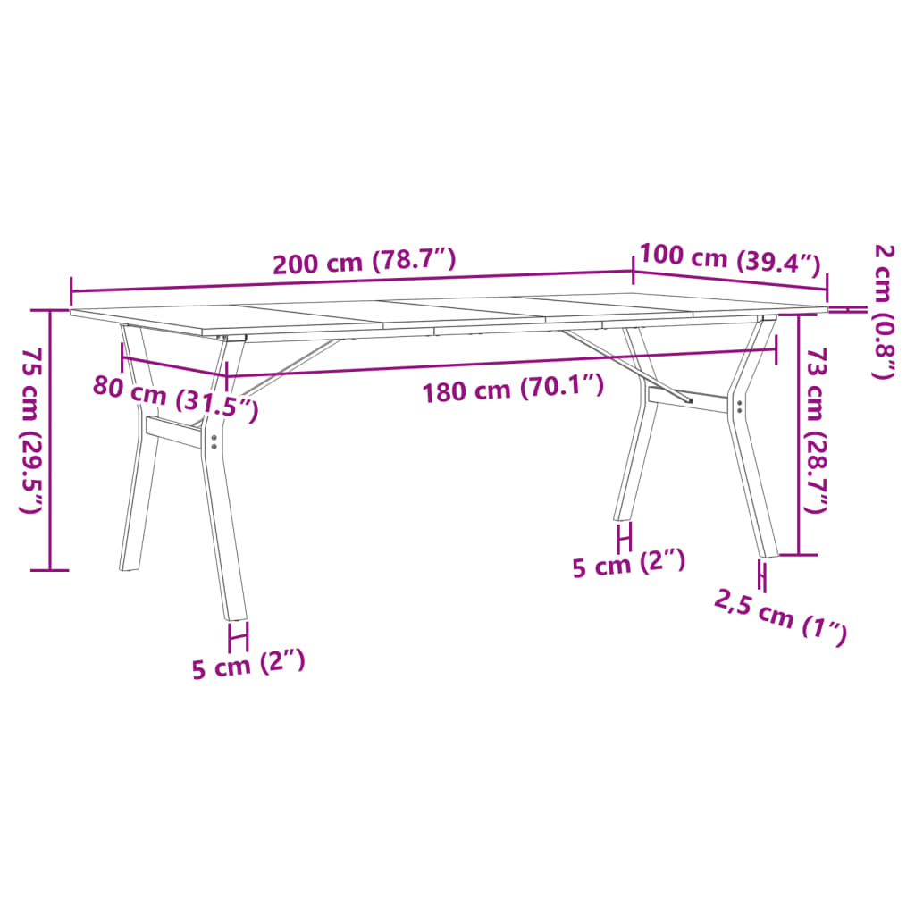 vidaXL virtuves galds, Y-rāmis, 200x100x75 cm, priedes koks, čuguns