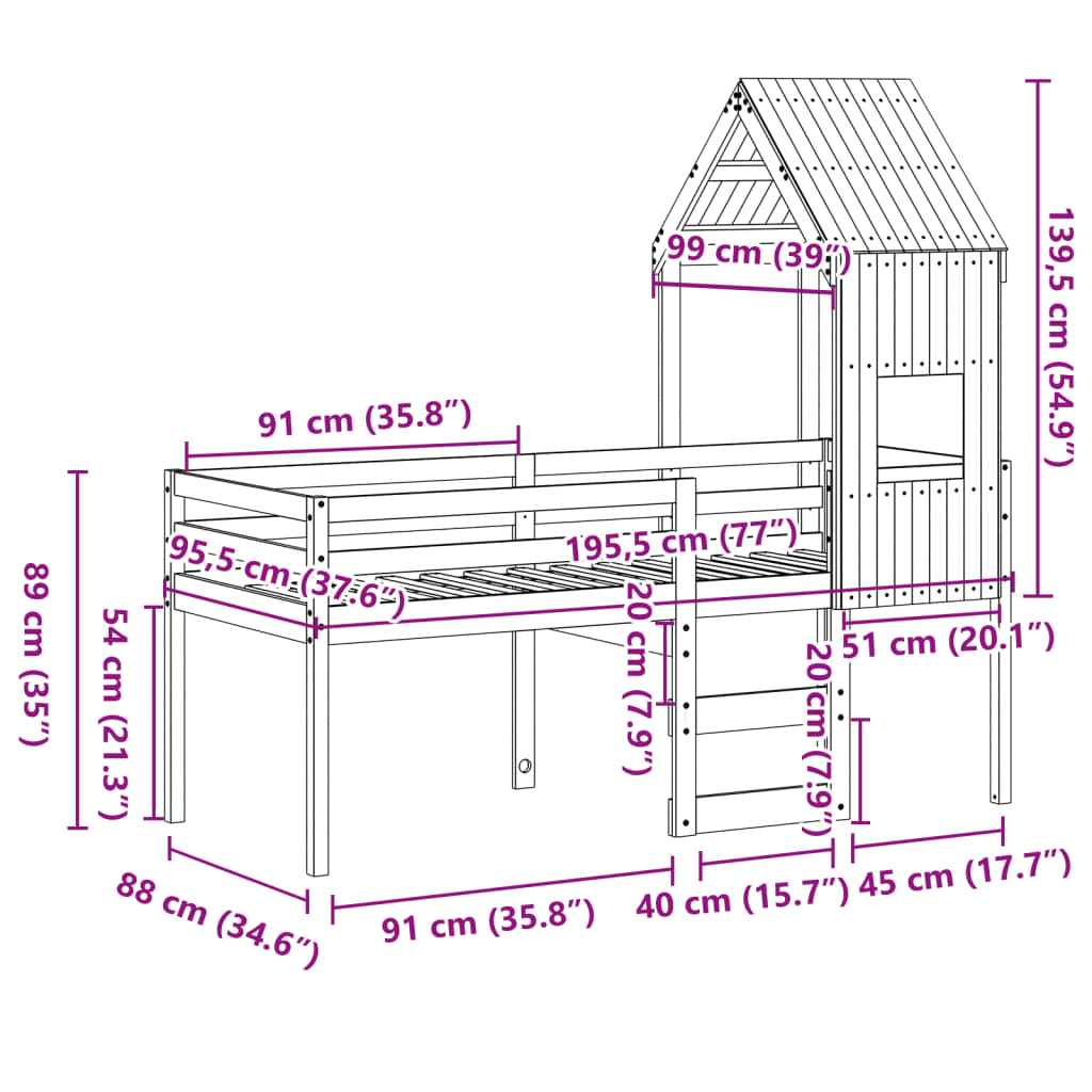vidaXL augstā gulta ar jumtu vaska brūnas 90x190 cm priedes masīvkoks