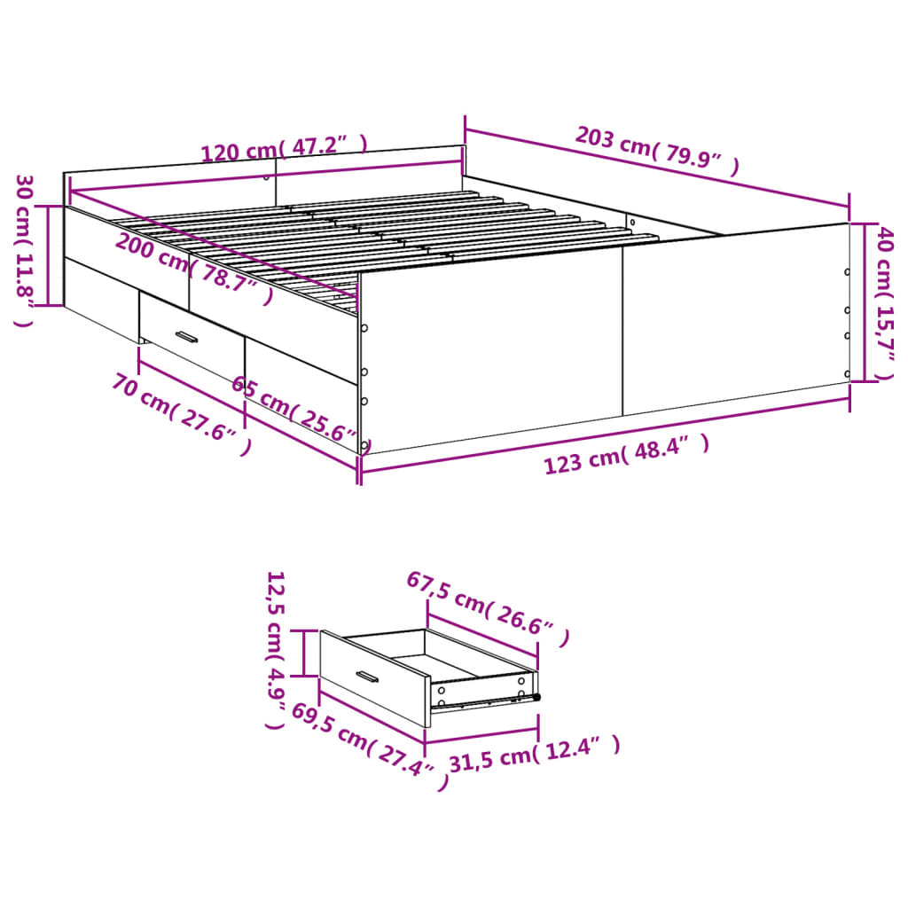 vidaXL gultas rāmis ar atvilktnēm, brūns, 120x200cm, inženierijas koks