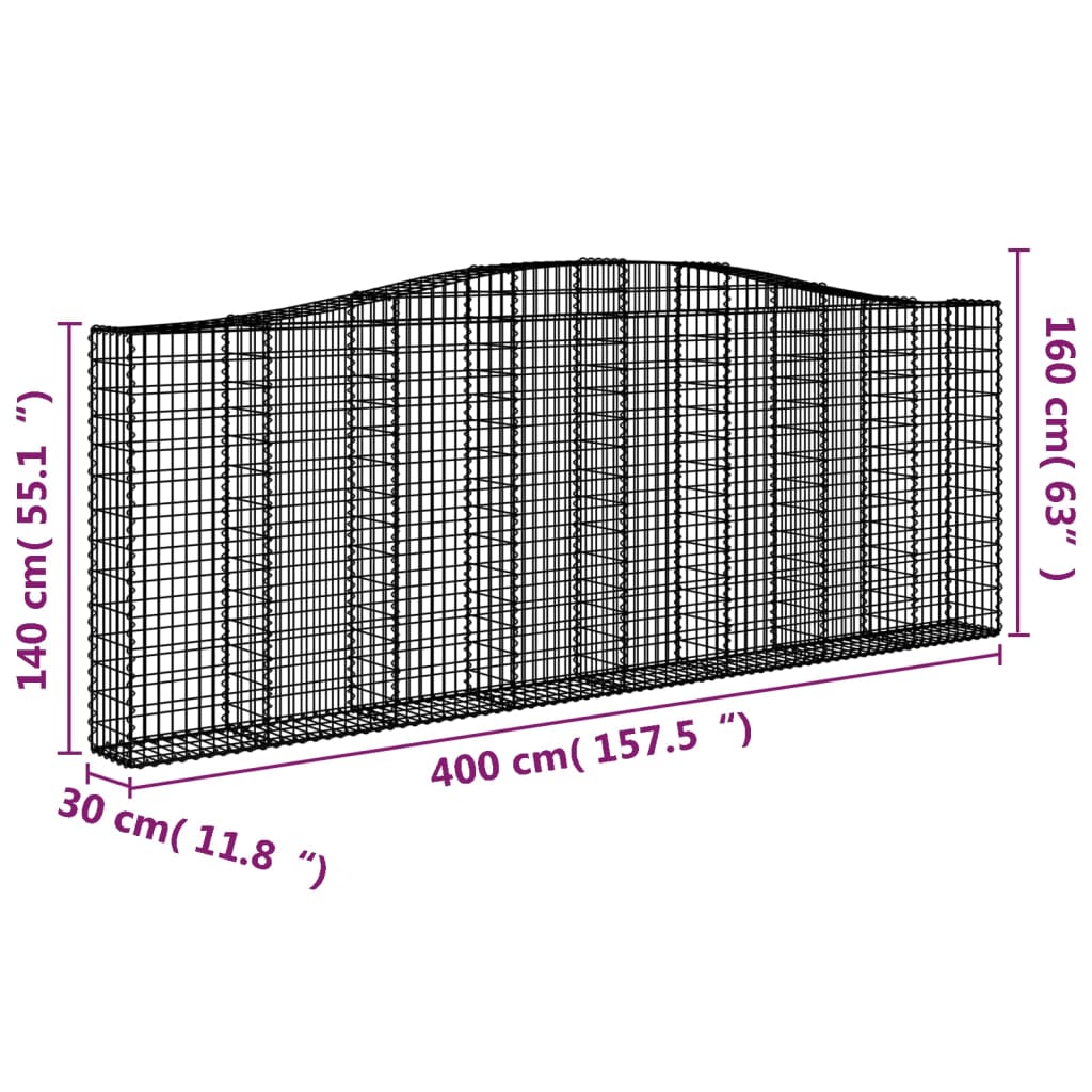 vidaXL arkveida gabiona grozi, 25gb., 400x30x140/160cm, cinkota dzelzs