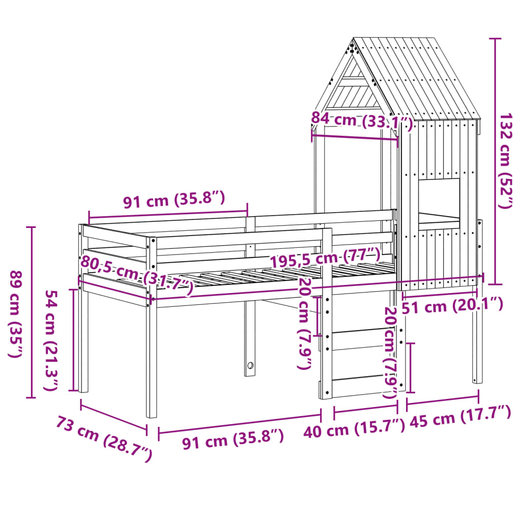 vidaXL augstā gulta ar jumtu vaska brūnas 75x190 cm priedes masīvkoks