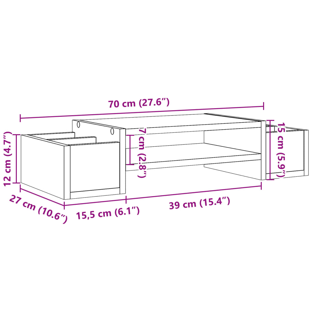 vidaXL monitora paliktnis ar plauktu, brūna ozola, 70x27x15 cm