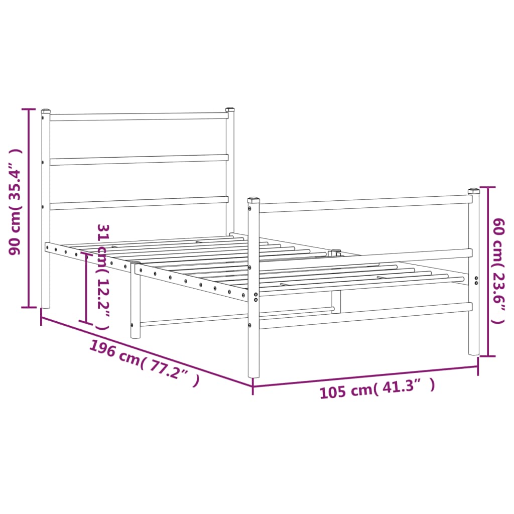 vidaXL gultas rāmis ar galvgali un kājgali, melns metāls, 100x190 cm