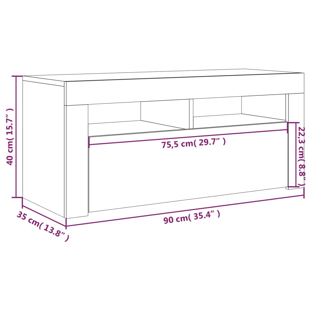 vidaXL TV skapītis ar LED lampiņām, pelēka ozolkoka krāsa, 90x35x40 cm