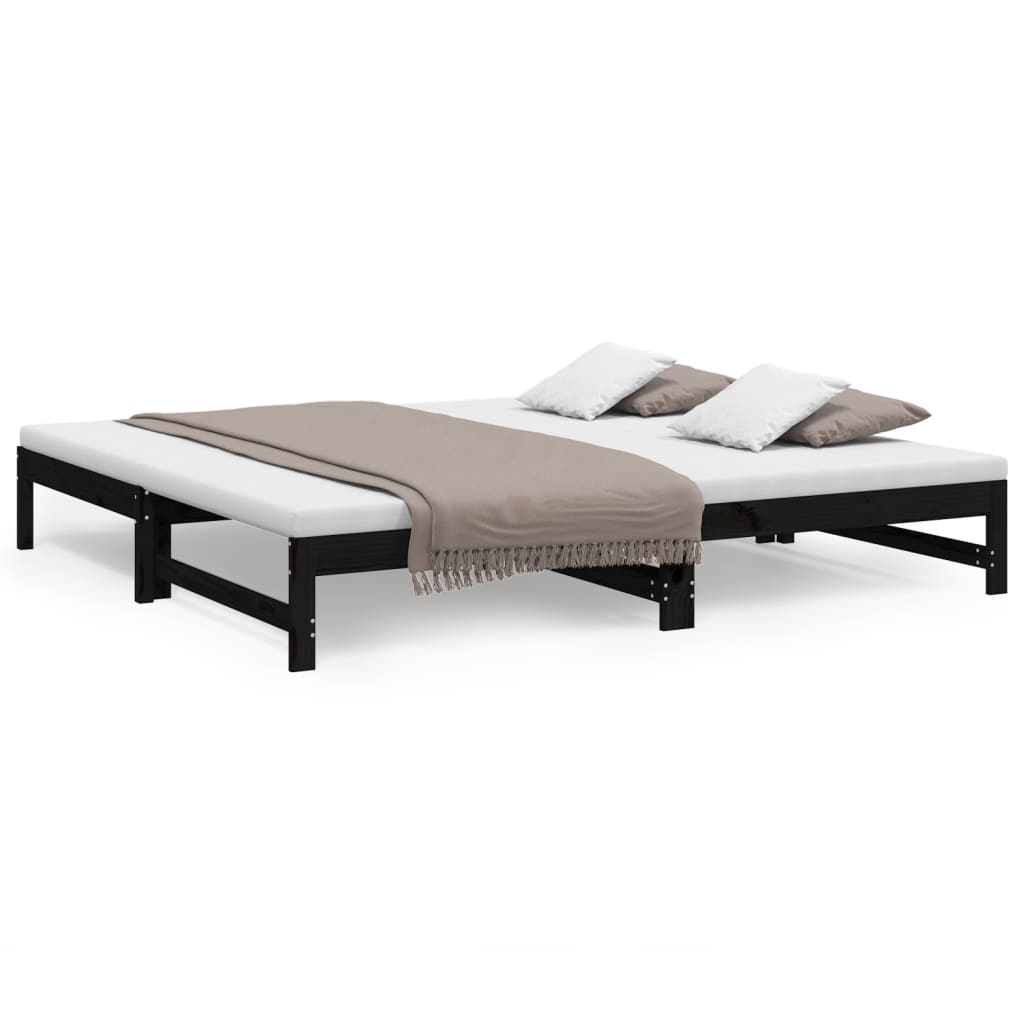 vidaXL izvelkama gulta, melna, 2x(100x200) cm, priedes masīvkoks