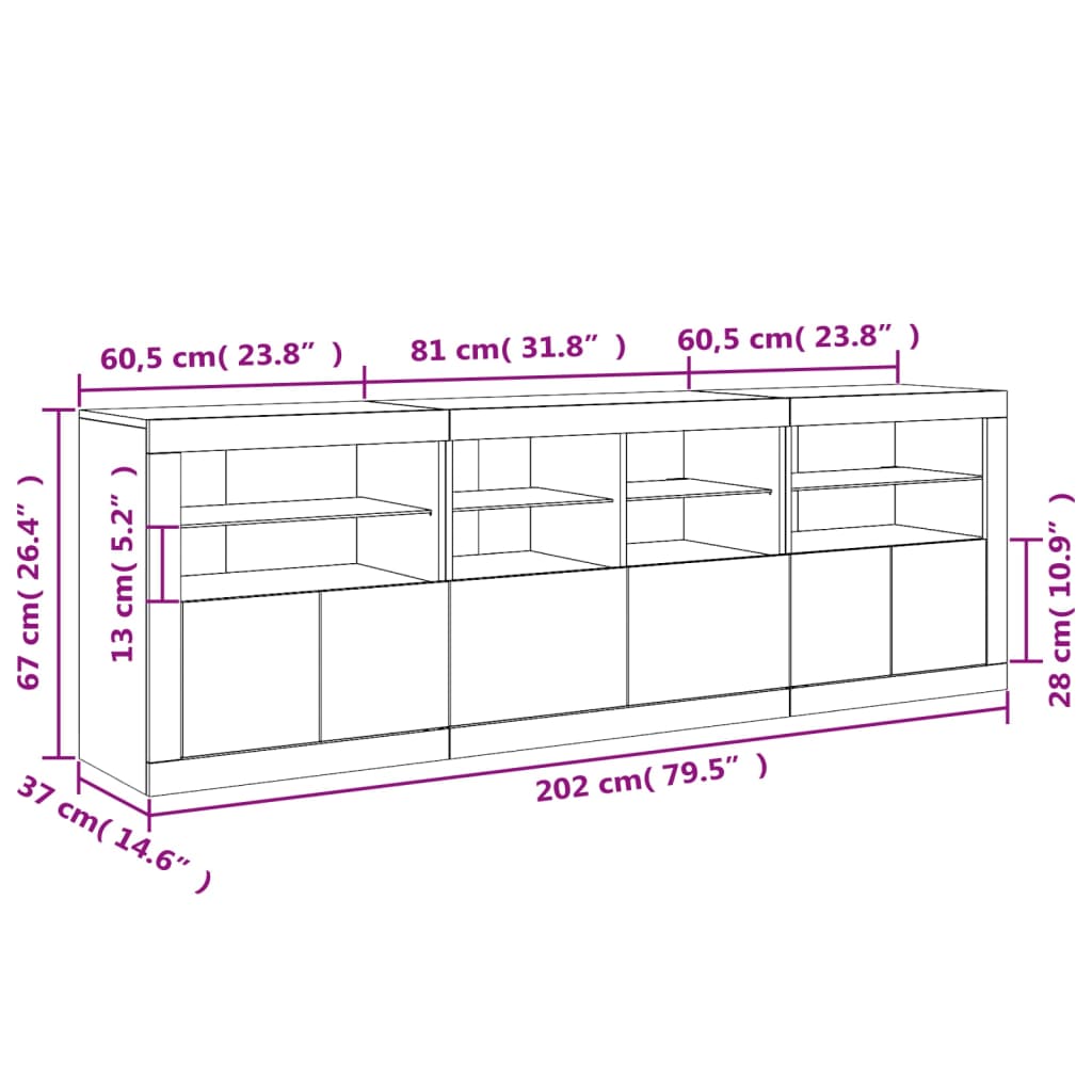 vidaXL kumode ar LED lampiņām, balta, 202x37x67 cm