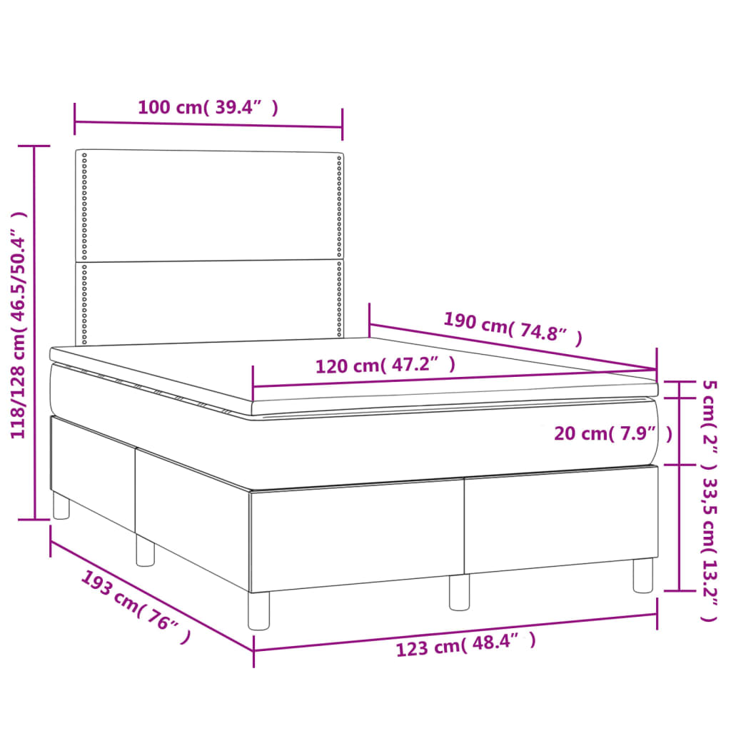 vidaXL atsperu gulta ar matraci, LED, krēmkrāsas audums, 120x190 cm