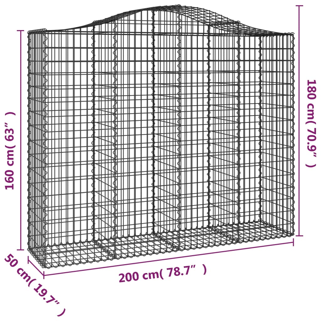 vidaXL arkveida gabiona grozs, 200x50x160/180 cm, cinkota dzelzs