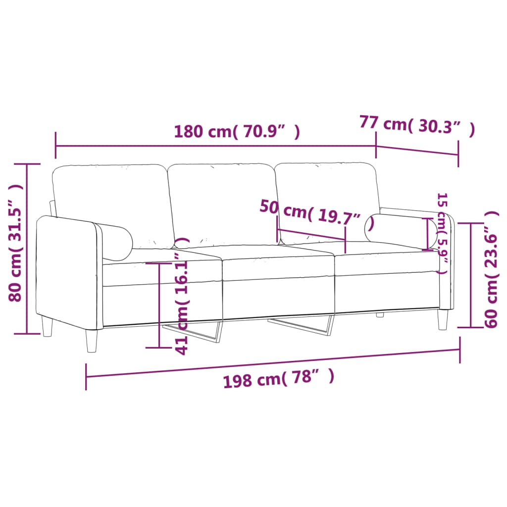 vidaXL trīsvietīgs dīvāns ar spilveniem, rozā, 180 cm, samts