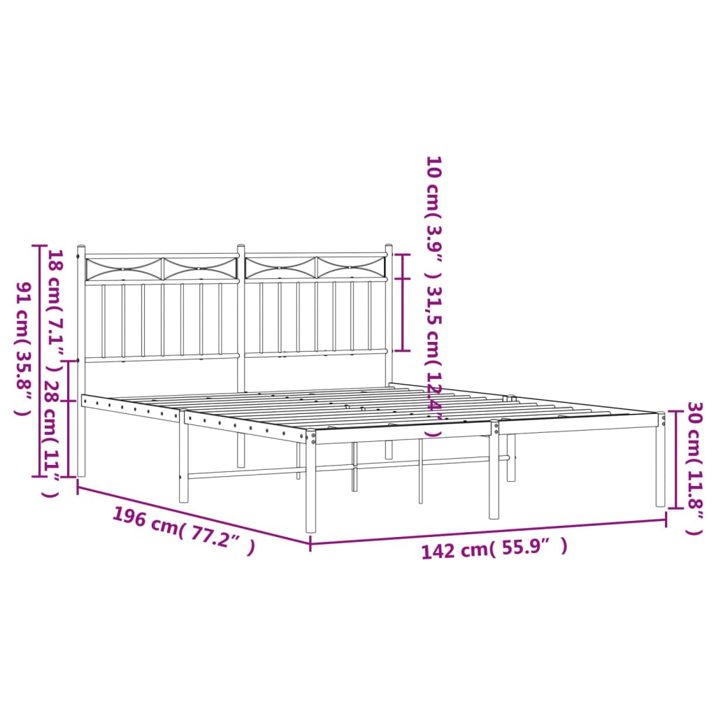 vidaXL gultas rāmis ar galvgali, balts metāls, 135x190 cm