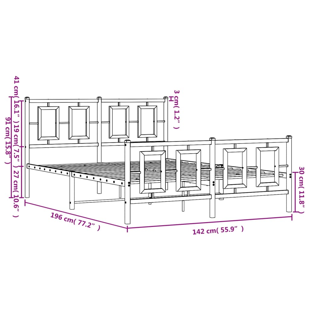 vidaXL gultas rāmis ar galvgali un kājgali, melns metāls, 135x190 cm