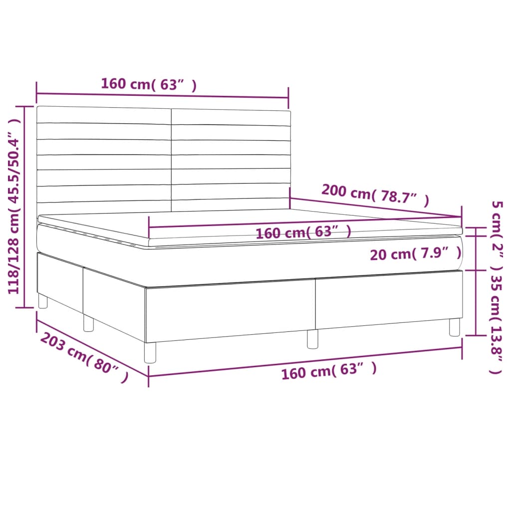 vidaXL atsperu gulta ar matraci, LED, tumši zils samts, 160x200 cm