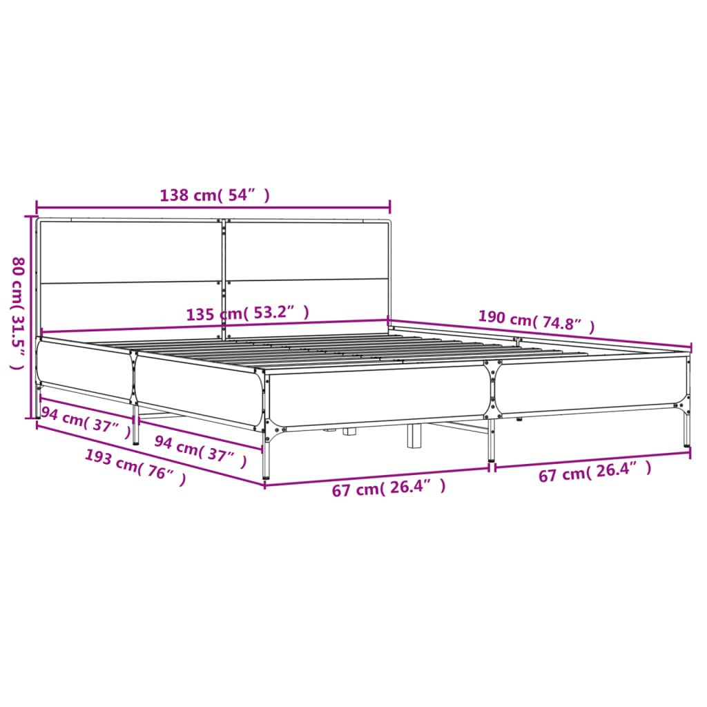 vidaXL gultas rāmis, ozola krāsā, 135x190cm, inženierijas koks, metāls