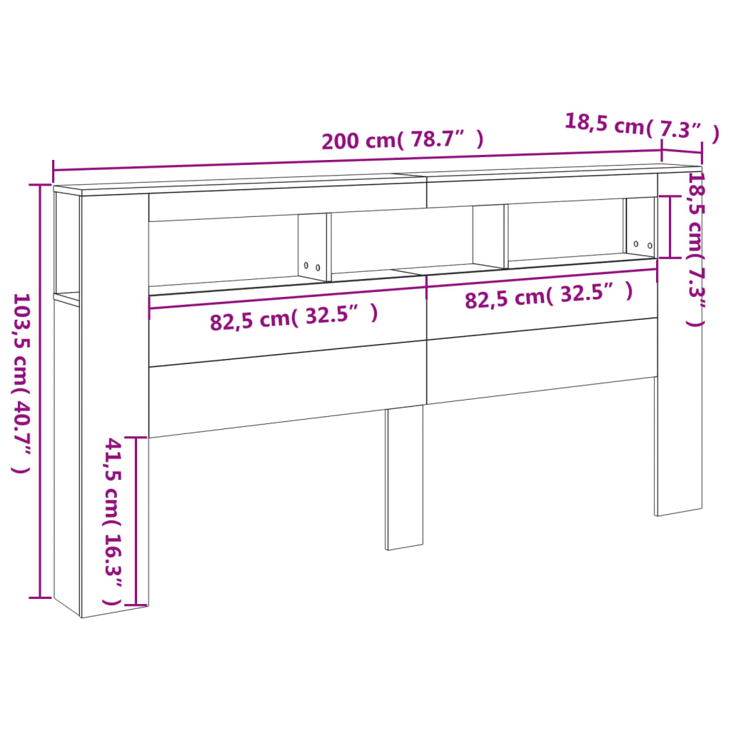 vidaXL gultas galvgalis ar LED, ozola krāsa, 200x18,5x103,5 cm, koks