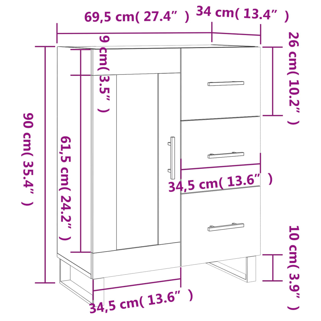 vidaXL kumode, ozolkoka krāsa, 69,5x34x90 cm, inženierijas koks